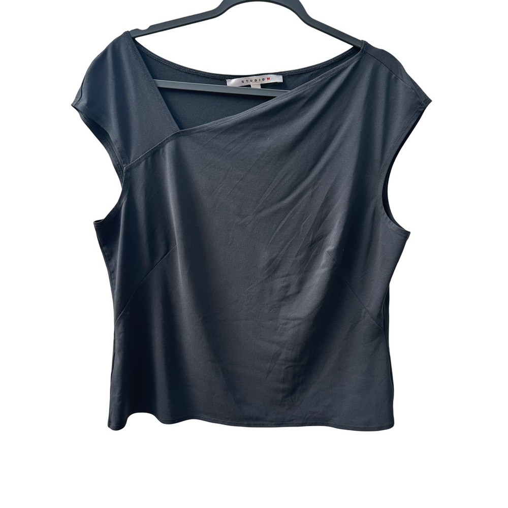 Studio M Vtg Y2K Black Asymmetrical Draped Cap Sleeve Blouse XL